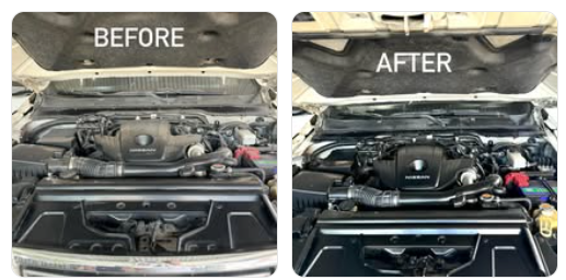 Engine bay before and after cleaning at El Primo Carwash